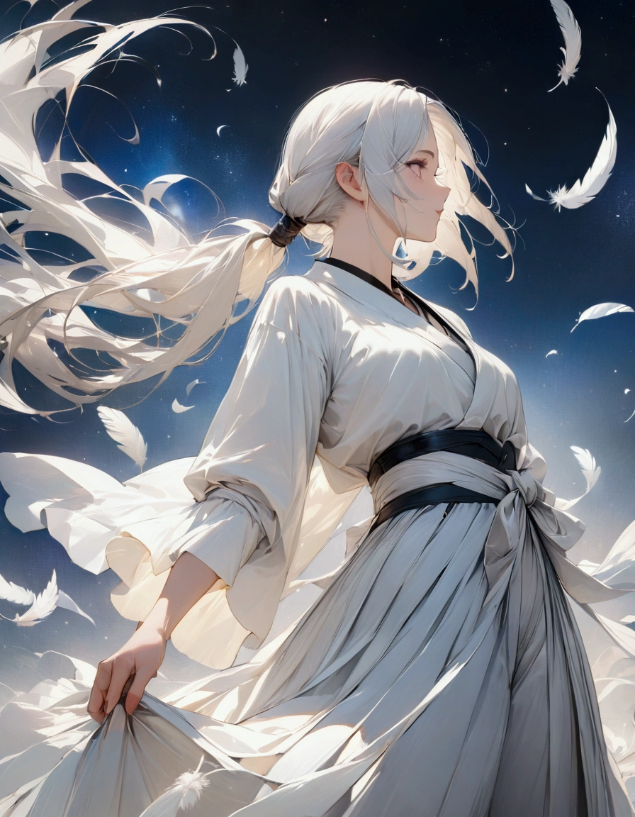 (masterpiece:1.3),(最high quality:1.4),(Very detailedな:1.5),High resolution,Very detailed,8k,artwork,High level of detail,rendering,high quality,Wide range of colors,A fantastic space where white feathers fall,Vivid light,(One man、profile)Swordsman、White Hair、Long hair that reaches down to the waist is tied in a single ponytail、White Hakama、白いSwordsmanの服装、There's a sword on his waist、Empty look