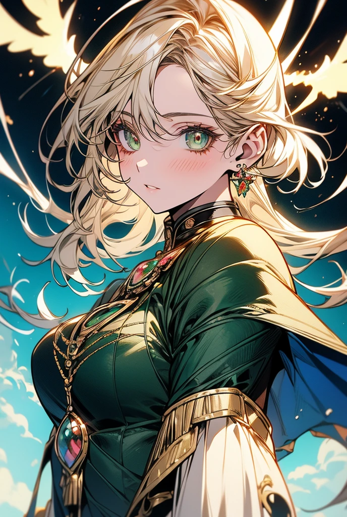Surrealism, anime, glowing light, 8k, super detail, UHD, masterpiece, accurate, anatomically correct, textured skin, super detail, high details, high quality, award winning, best quality, highres, retina
Theme: Girl inspired by JupiterHair: Emerald greenPersonality: Appears strong yet has a gentle faceElement: LightningBackground: Freely flying among large clouds