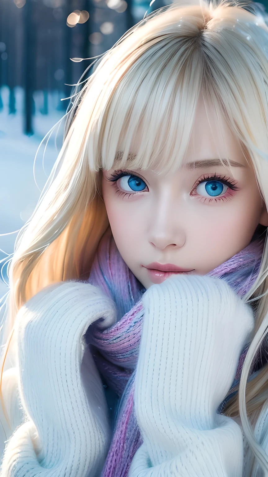 alone, very beautiful nordic girl、Shiny light blonde hair, Beautiful super long straight dazzling blonde hair fluttering in the strong wind,Long bangs obstruct the view、 Very large eyes are pale sky blue, Detailed face, White and beautiful skin、Cheek gloss highlighter、Mittens, White scarf, whole body, Snow Forest, Attractive areas, (Blushing your nose, Heavy breathing:1.1), (dark:1.4)