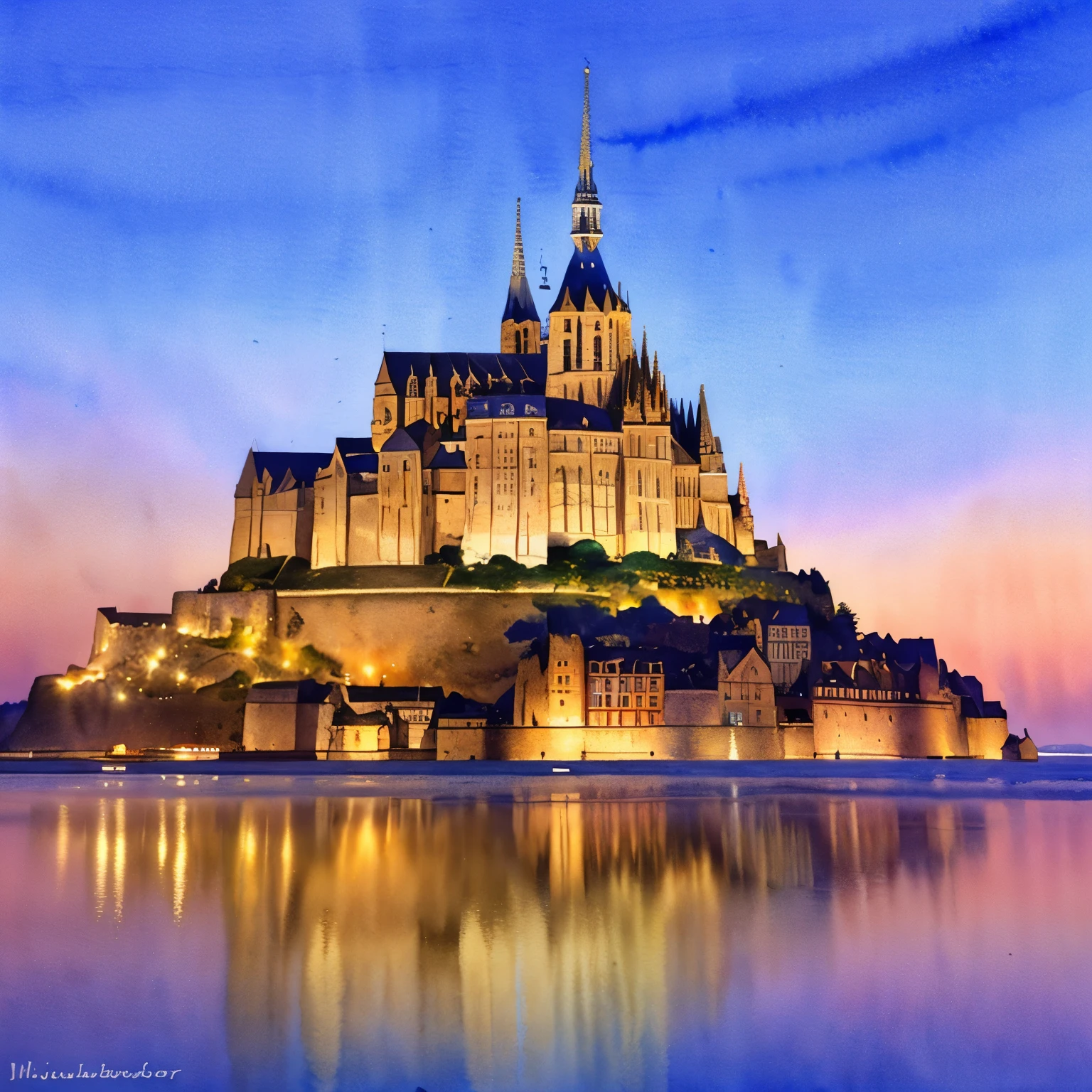 (masterpiece:1.2, Highest quality),(Very detailed),(((watercolor))),8k,wallpaper,Landscape of France,Mont Saint-Michel,night,(((透明watercolor)))