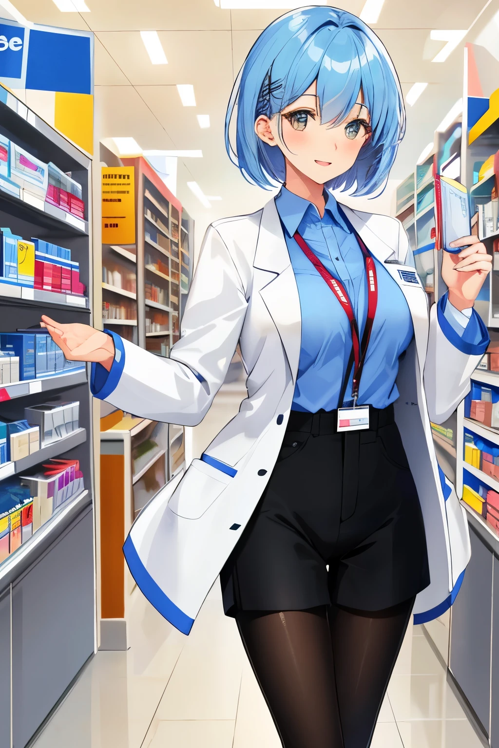 1 girl, white  coat,  //Character, cheerful chekout clerk , perfect body, slim curve, ultra detailed face, super beautiful, innocent, cute girl, thin eyeblow, rond face, smiling full of compassion, half opened mouth, kissing face,beautiful short bobstyle, BREAK // pale blue shirt , black loose shorts, name tag, dark toned full length tights, ultra detail, complicated pattern on the tights BREAK at a checkout counter, at the pharmacy, at noon , gentle light, Break standing,