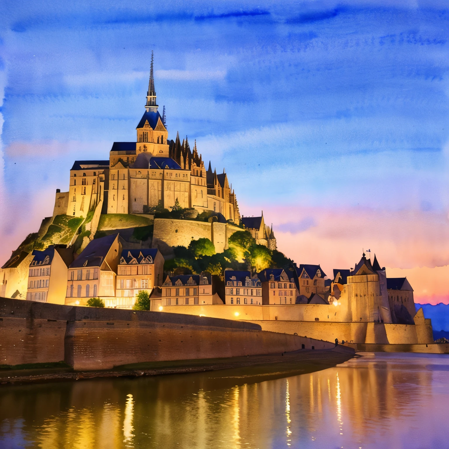 (masterpiece:1.2, Highest quality),(Very detailed),(((watercolor))),8k,wallpaper,Landscape of France,Mont Saint-Michel,night,(((透明watercolor)))
