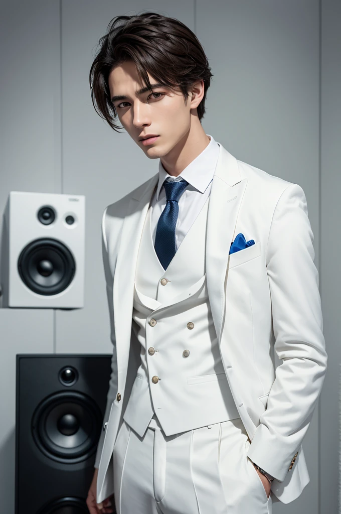 A guy with a speaker head and a white suit
