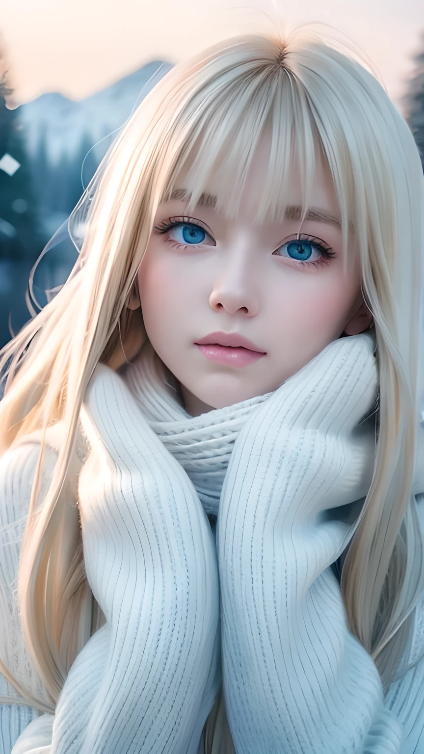 alone, very beautiful nordic girl、Shiny light blonde hair, Beautiful super long straight dazzling blonde hair fluttering in the strong wind,Long bangs obstruct the view、 Very large eyes are pale sky blue, Detailed face, White and beautiful skin、Cheek gloss highlighter、Mittens, White scarf, whole body, Snow Forest, Attractive areas, (Blushing your nose, Heavy breathing:1.1), (dark:1.4)