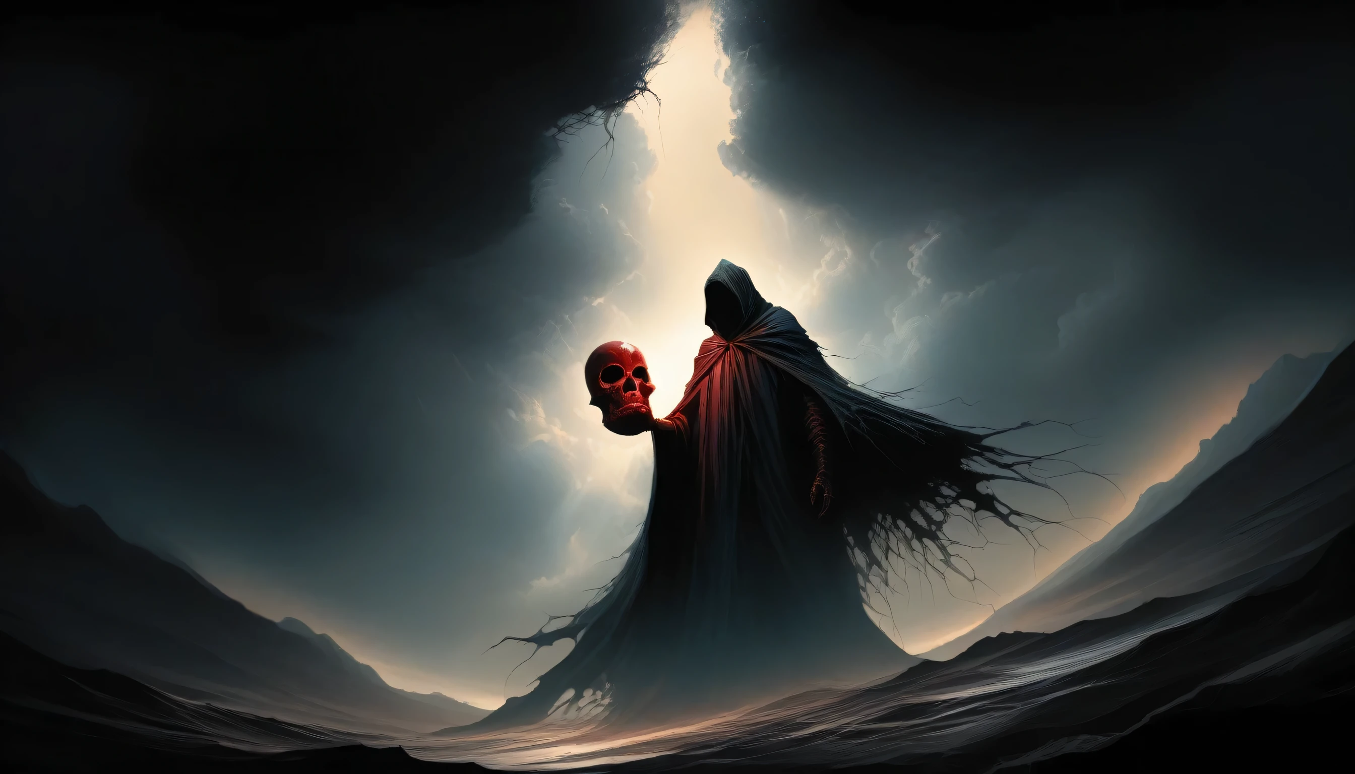 (masterpiece, best quality:1.2), Death in the Storm,cloak,Holding a red skull,moonlight,heavily clouded,Thunder and lightning, Dark fantasy illustration style , Dark Arts, High contrast, Dark Shadows, Atmospheric perspective, Melancholic colors, Thin Film Component, Volumetric Lighting, number, Brushstrokes, Dramatic Lighting, Low angle shot, Surrealism, Very detailed, Surrealism