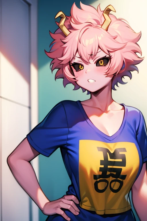 Mina Ashido, 1 girl, standing alone, breastsout, shorth hair, huge breastsout, White background, clavicle, yellow eyes, trunk, pink hair, manga curta, antlers, colored fur, blue shirt teeth, shy, colored sclera, lines of emphasis, black sclera, Pink skin, tight t-shirt, neckleace, cute, blushful, naughty exprecion,ass