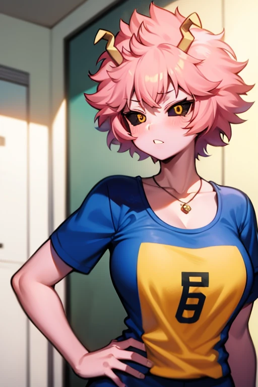 Mina Ashido, 1 girl, standing alone, breastsout, shorth hair, huge breastsout, White background, clavicle, yellow  eyes, trunk, pink  hair, manga curta, antlers, colored fur, blue shirt teeth, shy, colored sclera, lines of emphasis, black sclera, Pink skin, tight t-shirt, neckleace, cute, blushful, naughty exprecion,ass 