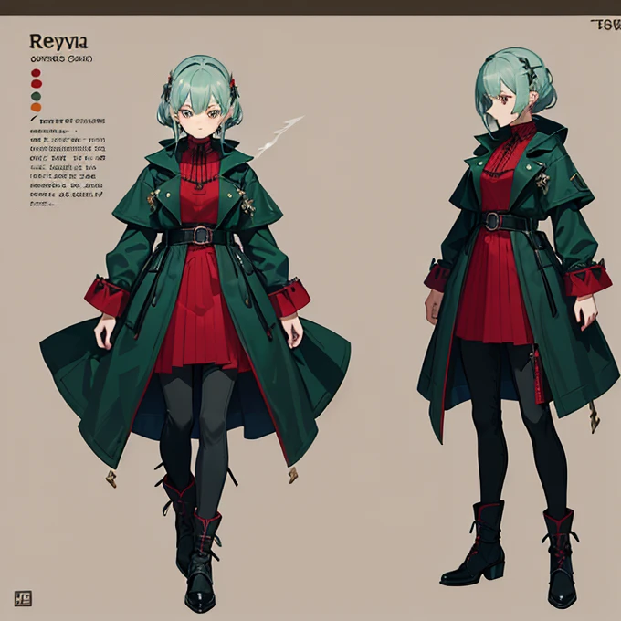 ((concept art)). ((she lives in ancient times)). (Girl) . ((She works as an exorcist)). (She lives in a very cold region). ((She wears pants)). ((Her hair is cut into a square and it is gray-green in color)). (pyro archer). (Her color coat is black, red and grey-green)). (She dresses in Slavic style and looks like an exorcist)