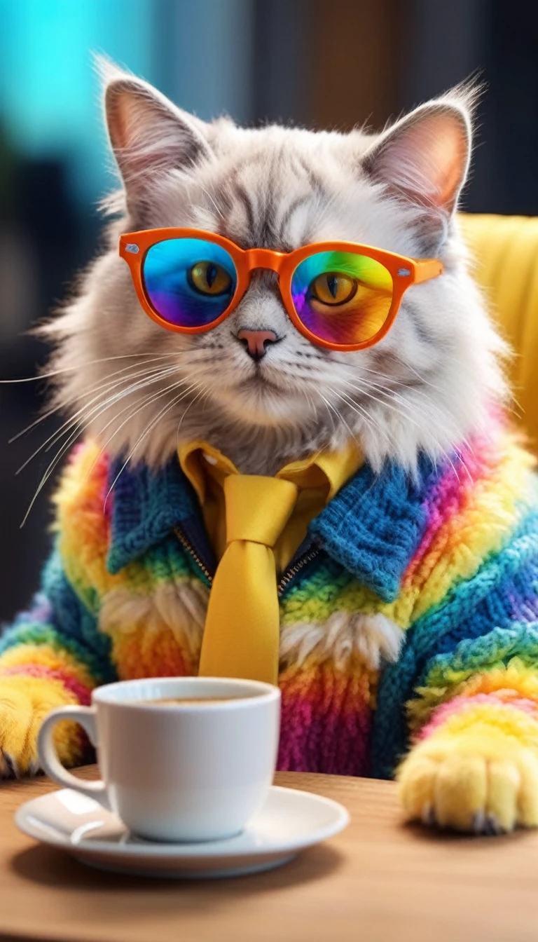 Close-up of a fluffy cat, white and dark blue striped wool, in bright sunny yellow glasses, neon rainbow glasses,  sitting in a chair, holding a cup of coffee in his paw,  Высоко детализированные обои CG Unity 8k, Orientate, super thoughtful, realistic, фотоrealistic ,