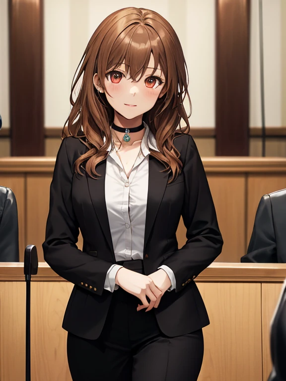 敏腕lawyer, (suit), (The background is the courtroom), lawyer, Misaka Mikoto, 1girl, black choker, uhd, retina, masterpiece, ccurate, anatomically correct, textured skin, super detail, high details, high quality, best quality, highres, 4K