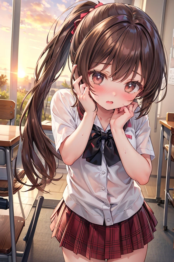 masterpiece, best quality, nsfw,
2girl, kiss,
summer , plaid skirt, brown hair, ponytail, embarrassed face,
classroom, sunset,