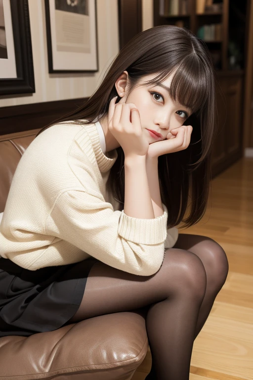 Low-angle depiction、Gently brush brown hair、Wearing a cute miniskirt 20Old beauty、Sitting on the sofa wearing black pantyhose。Expressing her cuteness and refreshing charm....。"