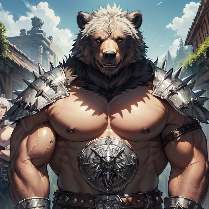 (absurdres, masterpiece, best high quality image epic artwork, high fantasy genre, carefully detailed image, carefully detailed textures, animalistic characters, fantasy animal artwork, anthropomorphic, real animal features, solo animal character, multiple views)
{{(1anthropomorphic-animal: 60 years old male brown fur Grizzly Bear scout:) ((big rounded bear head, green bear eyes, black nose, rounded bear ears, bear neck, bear open mouth with sharp teeth and sharp fangs), (Hulking grizzly bear body, grizzly bear arms, grizzly bear hands with five fingers and grey sharp claws), (muscular grizzly bear legs, grizzly bear feet, five grizzly bear fingers with grey sharp claws)), ((bulky silver shoulder plates, black spikes around shoulder plates, silver cuirass, silver hip armor, silver celtic belt), (long silver war hammer with black spikes)), (serious grizzly bear face, imponent grizzly bear warrior pose, grizzly bear calmed demeanor, passive aggressive demeanor), (ancient germanic tribe styled village, green grass, wooden tents, morning sky, sun rising in the sky))}}