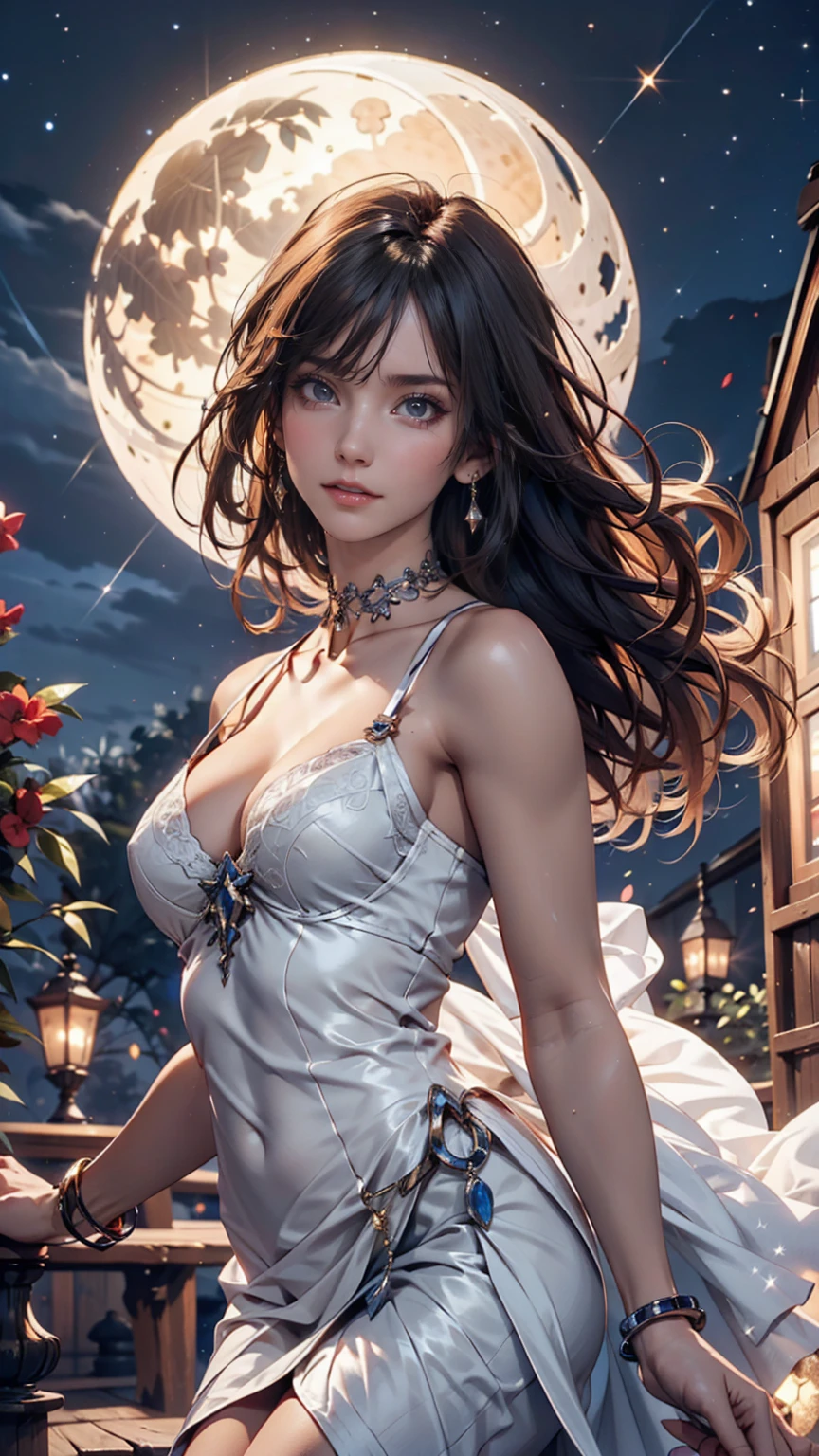 under the night sky、An elegant woman looking up at the starry sky。Her silhouette is illuminated by the moonlight、The dress flutters in the wind、bracelet、choker、Upstyle your hair、Stiletto heels、Cowboy Shot