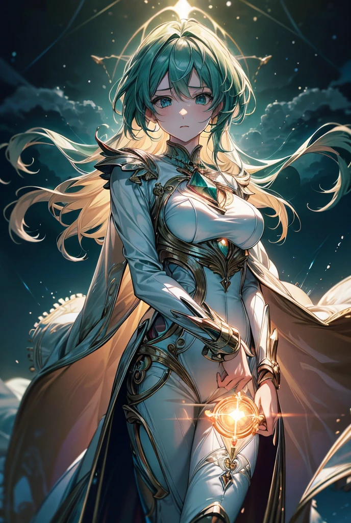 Surrealism, anime, glowing light, 8k, super detail, UHD, masterpiece, accurate, anatomically correct, textured skin, super detail, high details, high quality, award winning, best quality, highres, retina
Theme: Girl inspired by JupiterHair: Emerald greenPersonality: Appears strong yet has a gentle faceElement: LightningBackground: Freely flying among large clouds