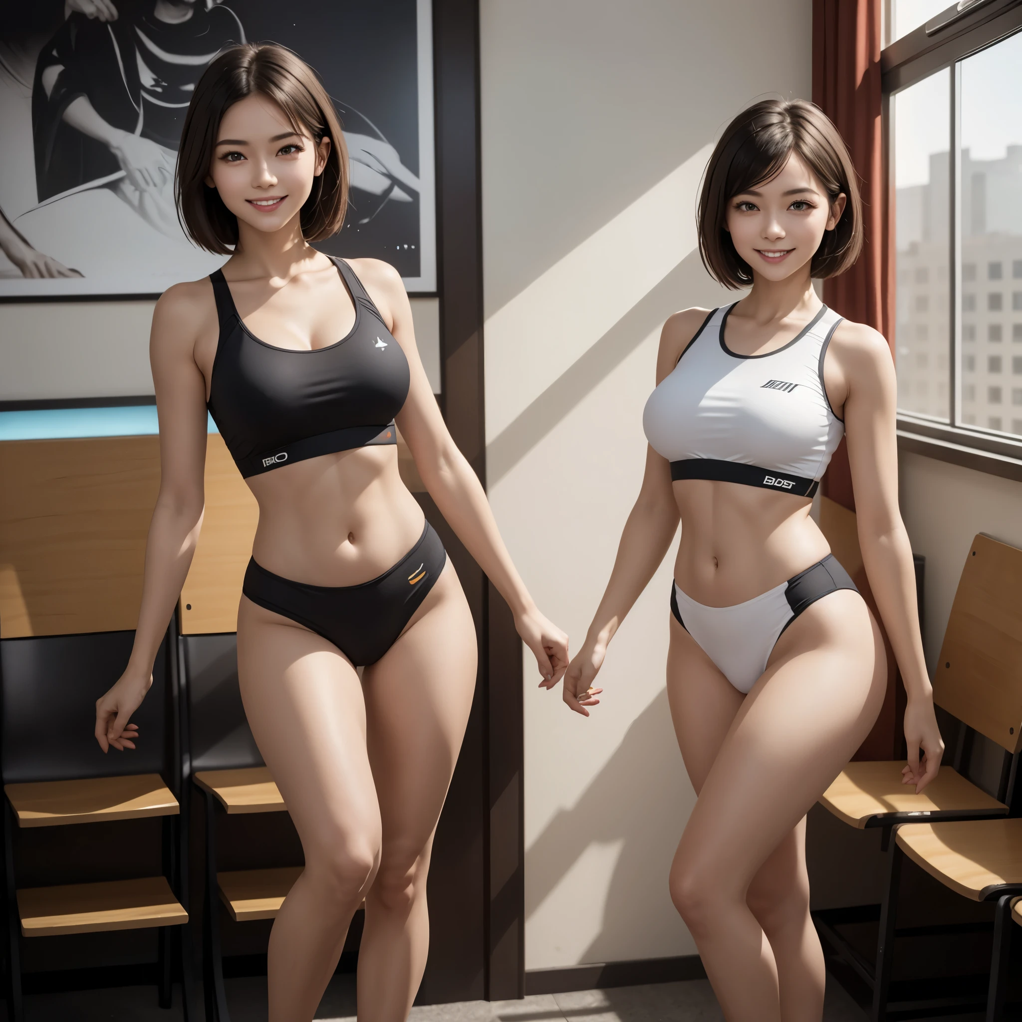 (masterpiece), highly realistic, Full body of slender beautiful female student, smiling for the camera, White with red line navel training wear, Nipple bulge, Short hair and pale skin, camel-toe, (Waiting room for players), (perfect anatomy), 8k Resolution, wonder full, elegant, hyperrealism, approaching perfection, dynamic, highly detailed, ultra high definition, HD resolution, high quality boost, contrast boost