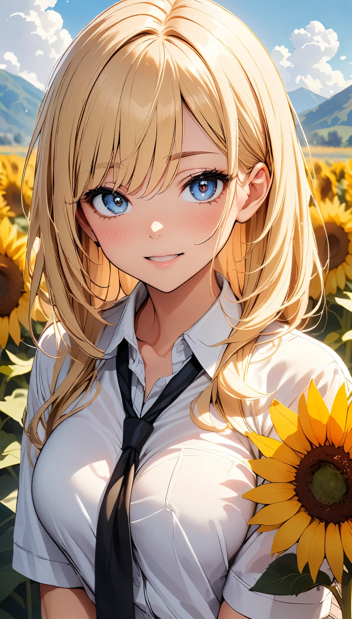 Sunflower field, Very detailed, JK, White shirt and red tie:1.2, (Loose tie), Random sexy poses, Complex eyes, Lustrous smile, Open your mouth, Sigh, Admire the sunflowers:1.1, Natural light, (sound), (Highest quality:1.2, Detailed illustrations, Attention to detail, masterpiece:1.2, Highest quality, Best aesthetics),