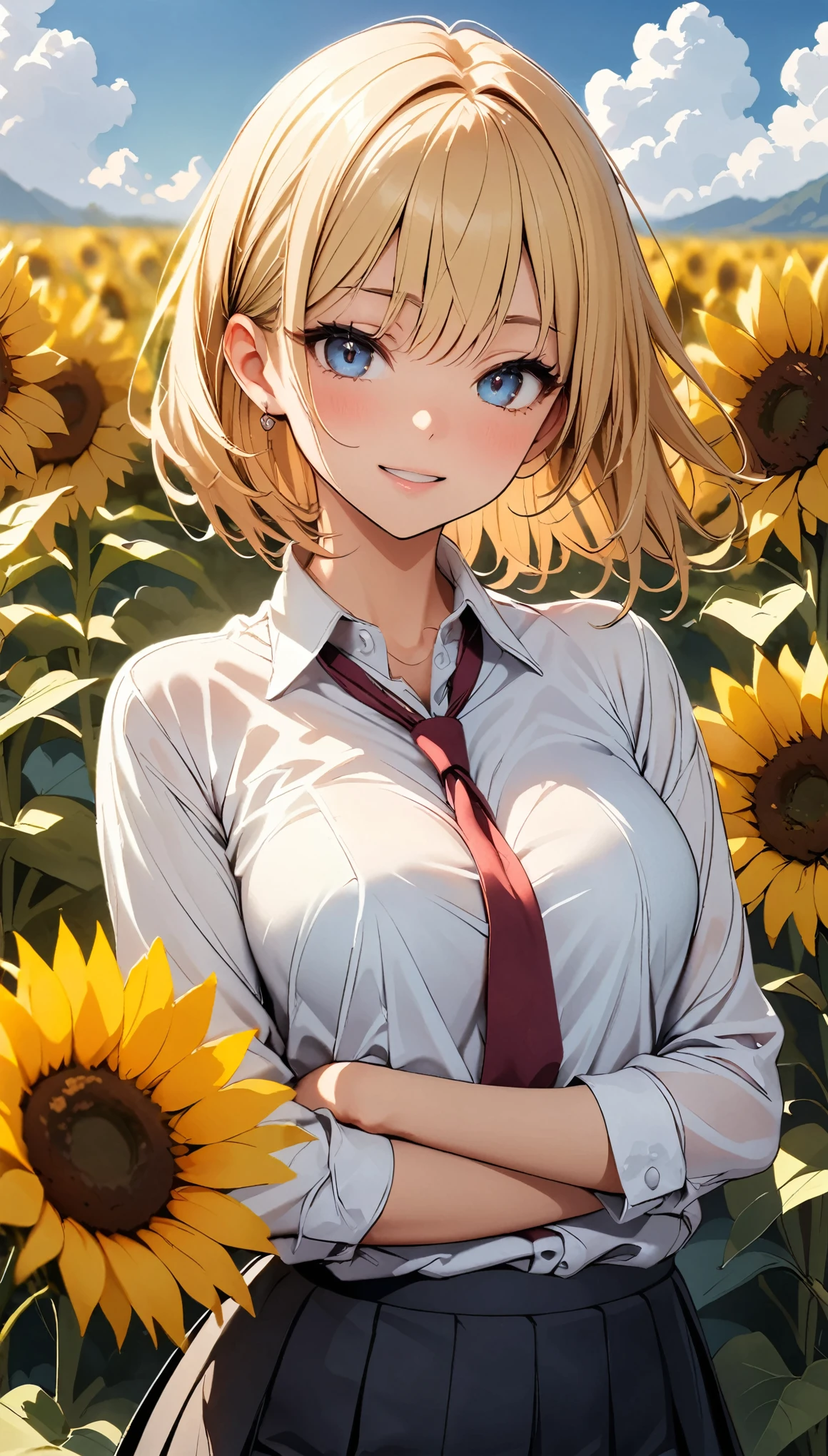 Sunflower field, Very detailed, JK, White shirt and red tie:1.2, (Loose tie), Random sexy poses, Complex eyes, Lustrous smile, Open your mouth, Sigh, Admire the sunflowers:1.1, Natural light, (sound), (Highest quality:1.2, Detailed illustrations, Attention to detail, masterpiece:1.2, Highest quality, Best aesthetics),