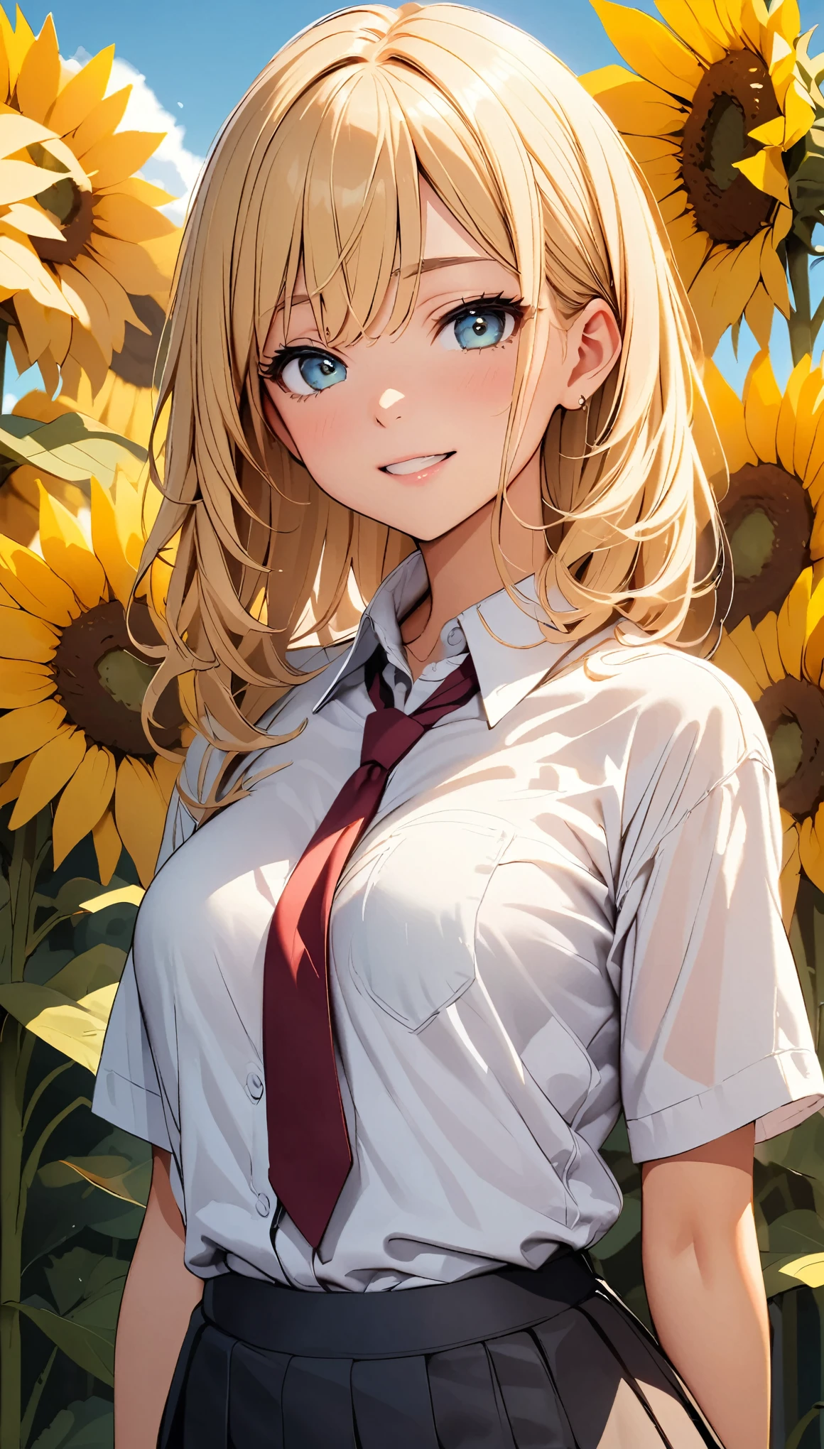 Sunflower field, Very detailed, JK, White shirt and red tie:1.2, (Loose tie), Random sexy poses, Complex eyes, Lustrous smile, Open your mouth, Sigh, Admire the sunflowers:1.1, Natural light, (sound), (Highest quality:1.2, Detailed illustrations, Attention to detail, masterpiece:1.2, Highest quality, Best aesthetics),