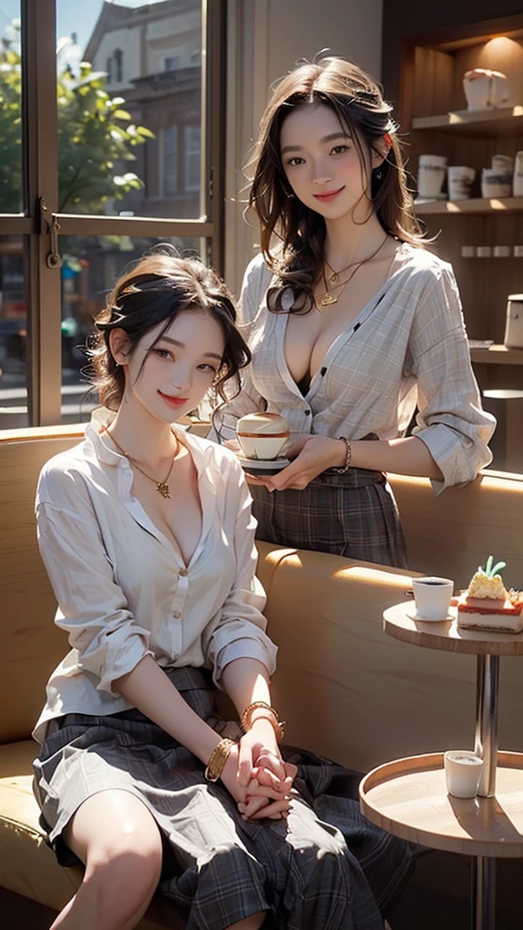 8k、RAW Photos、Highest quality、Super detailed、Super Resolution、Ultra HD、8k wallpaper、Amazing details blazer uniform girl ((White blouse with formal collar, Pink Blazer, Black plaid skirt, Red checkered ribbon on blouse)), Complete limbs, Full Finger, (((Small hands)))
(((((Two Women)))))
((((((Inside the Starbucks store))))))、16 year old female student、
(((((Eat cake、Drink coffee、smile)))))、
(((Heart Necklace、Gold bracelet)))
(((Emphasize cleavage)))
((((Woman sitting at the window seat))))
((((White skin))))
((((Full body photo))))
