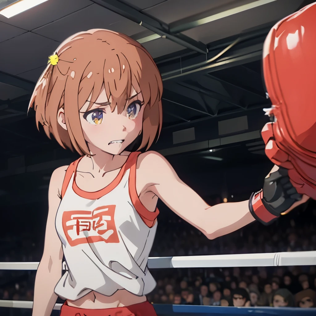 Cute slender high school girl, boxing gym, being punched in the stomach, pained expression, clenching her teeth to endure, just a few muscle sinews visible, short black hair, small breasts, tank top, short shorts