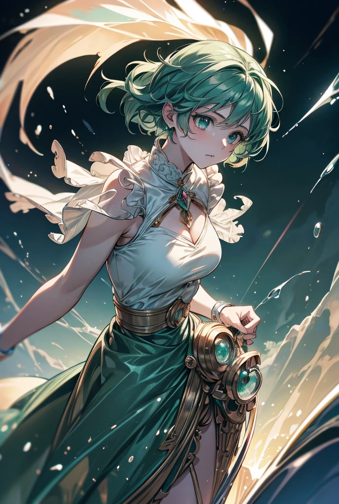 Surrealism, anime, glowing light, 8k, super detail, UHD, masterpiece, accurate, anatomically correct, textured skin, super detail, high details, high quality, award winning, best quality, highres, retina
Theme: Girl inspired by JupiterHair: Emerald greenPersonality: Appears strong yet has a gentle faceElement: LightningBackground: Freely flying among large clouds