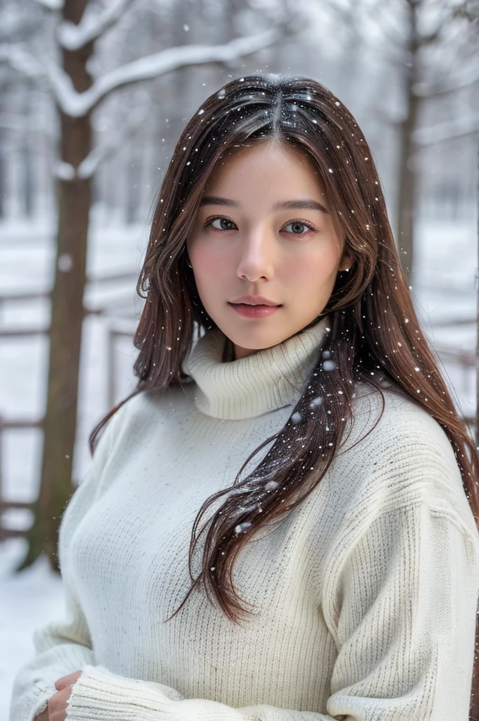(masterpiece:1.35),(best-quality:1.4),8k,ultra-detailed,photography,(ultra-realistic:1.4), adult girl, long hair, sweater, snowing background,