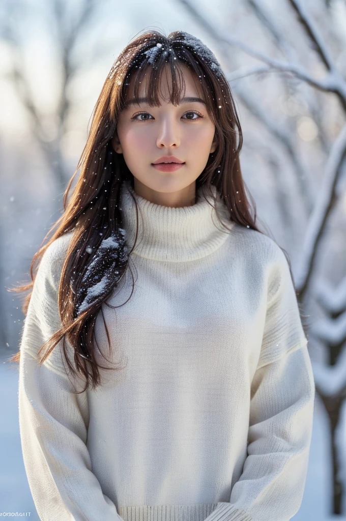 (masterpiece:1.35),(best-quality:1.4),8k,ultra-detailed,photography,(ultra-realistic:1.4), adult girl, long hair, sweater, snowing background,