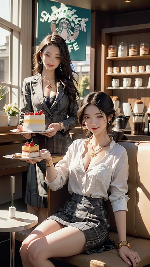 8k、RAW Photos、Highest quality、Super detailed、Super Resolution、Ultra HD、8k wallpaper、Amazing details blazer uniform girl ((White blouse with formal collar, Pink Blazer, Black plaid skirt, Red checkered ribbon on blouse)), Complete limbs, Full Finger, (((Small hands)))
(((((Two Women)))))
((((((Inside the Starbucks store))))))、16 year old female student、
(((((Eat cake、Drink coffee、smile)))))、
(((Heart Necklace、Gold bracelet)))
(((Emphasize cleavage)))
((((Woman sitting at the window seat))))
((((White skin))))
((((Full body photo))))