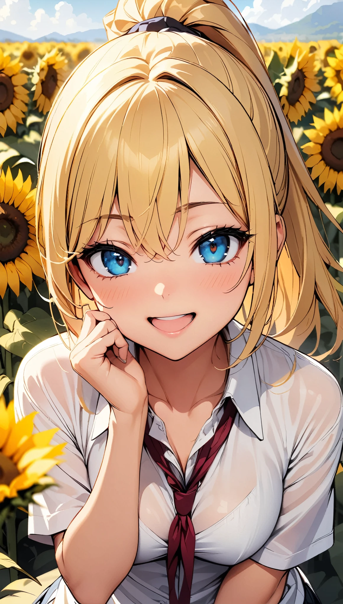 Sunflower field, Very detailed, JK, White shirt and red tie:1.2, (Loose tie), Sexy pose, 1 shot, Complex eyes, Lustrous smile, Blonde, High ponytail, Open your mouth, Sigh, Admire the sunflowers:1.1, Natural light, (sound), (Highest quality:1.2, Detailed illustrations, Attention to detail, masterpiece:1.2, Highest quality, Best aesthetics),