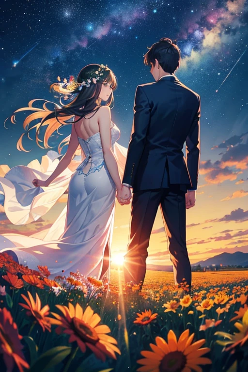 Male and female couple back view Flower Field Starry Sky Award-winning、Ultra Wide Angle, Aperture F2.8, High resolution, Ultra high definition, JPEG compression distortion, Overlooking
