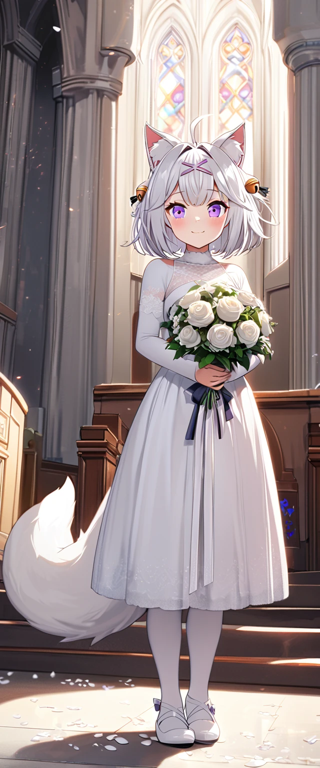 Church, infront of the altar, church isle, 1girl, tall, 160cm, solo, Filian, fluffy fox tail, small cat ears, white hair, short hair, ahoge, hairclip, hair bell, big purple eyes, slight blush, smiling, a-line wedding dress, white stockings, white shoes with heals, scattered white petals, full body pose, innocent pose, holding bridal bouquet