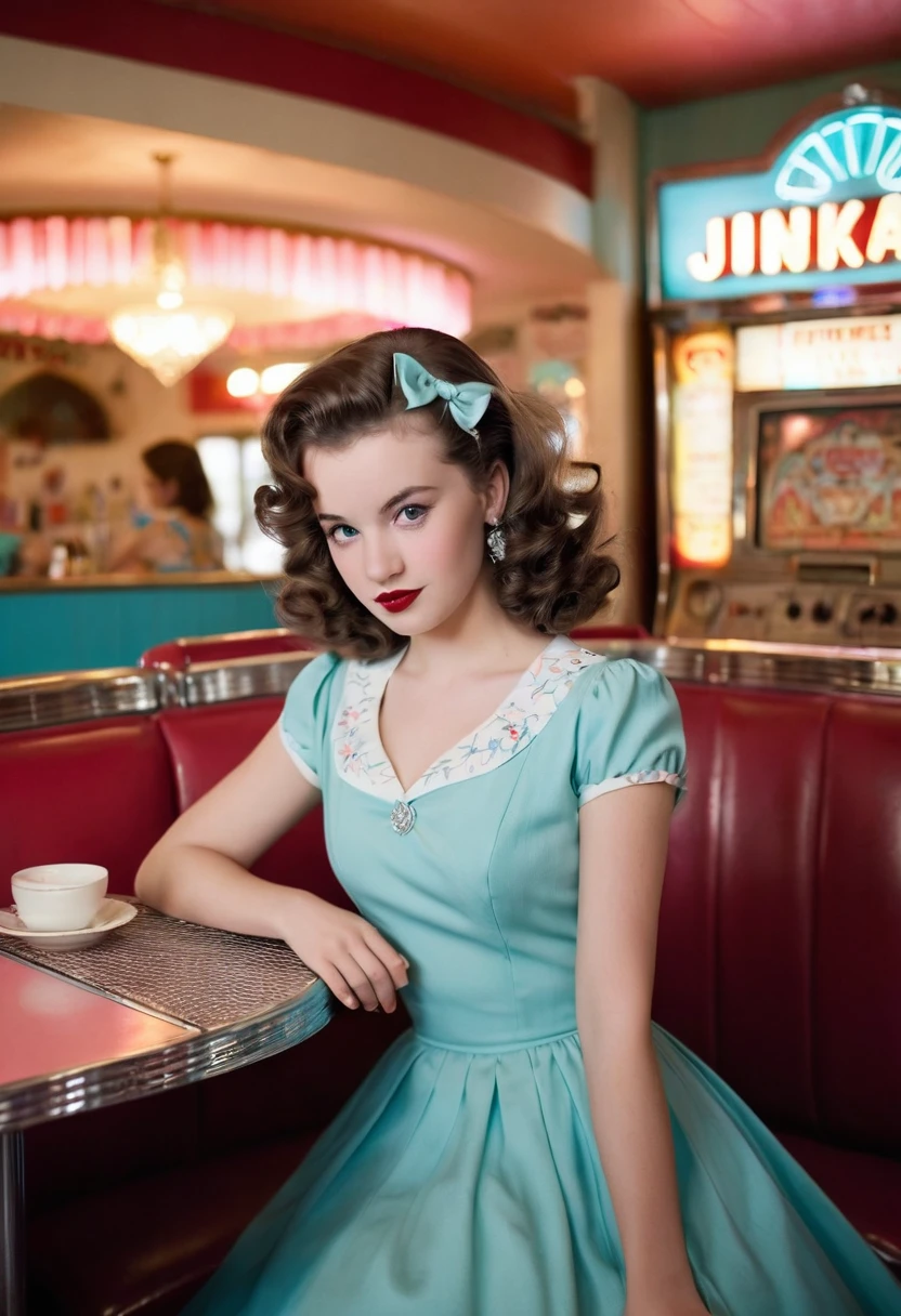 1 girl wearing a 1950s style dress, Comes with full skirt and petticoat, Her hair is curly. She should be sitting in an old-fashioned restaurant, Retro details all around,Like a jukebox, Chrome decoration, and neon. Her eyes should be shining with excitement, Her skin is flawless,In soft, Dramatic Lighting. This scene should have been shot on 35mm film, Has a beautiful depth of field and a slight blur, Nostalgic background,, ,
