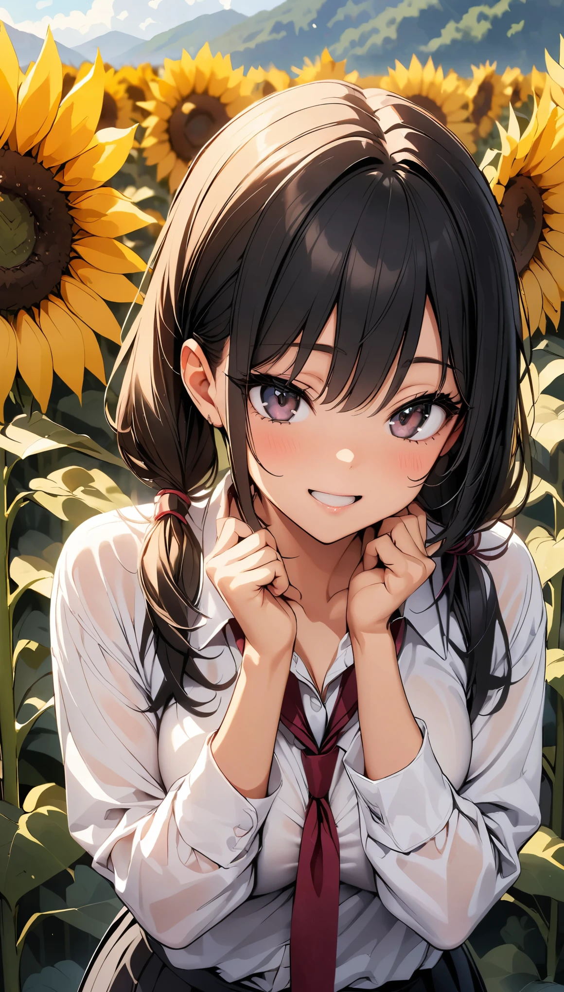 Sunflower field, Very detailed, JK, White shirt and red tie:1.2, (Loose tie), Sexy pose, 1 shot, Complex eyes, Lustrous smile, Black Hair, Braided Pigtails, Open your mouth, Sigh, Admire the sunflowers:1.1, Natural light, (sound), (Highest quality:1.2, Detailed illustrations, Attention to detail, masterpiece:1.2, Highest quality, Best aesthetics),