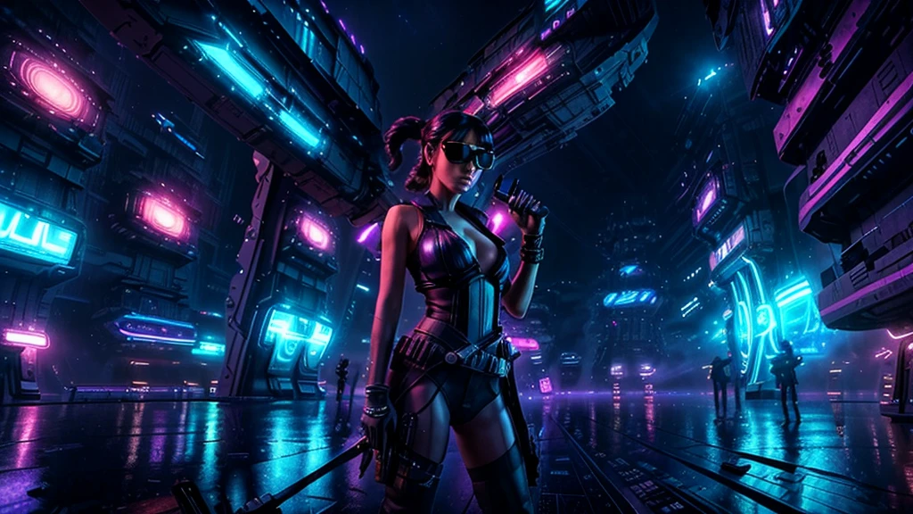 at night. futuristic space aircraft docking platform, neon-themed artwork with vibrant purple and blue colors, intense neon lights illuminating the entire scene, a dense layer of mist creating a dreamy atmosphere, a captivating and mesmerizing background with intricate details, a gaming-inspired theme with RGB lighting effects. (((1girl, solo, alone))), female assassin, large-breast:1.4 slim:0.8 body, medium hair, cleavage:1.1, sexy micro laced lingerie, (black sunglasses), (((((she raised a pistol:1.8 and shot the viewer))))), standing pose, ((half-body thigh:0.95 level medium shot)), cinematic lighting, lens flare, ray tracing.