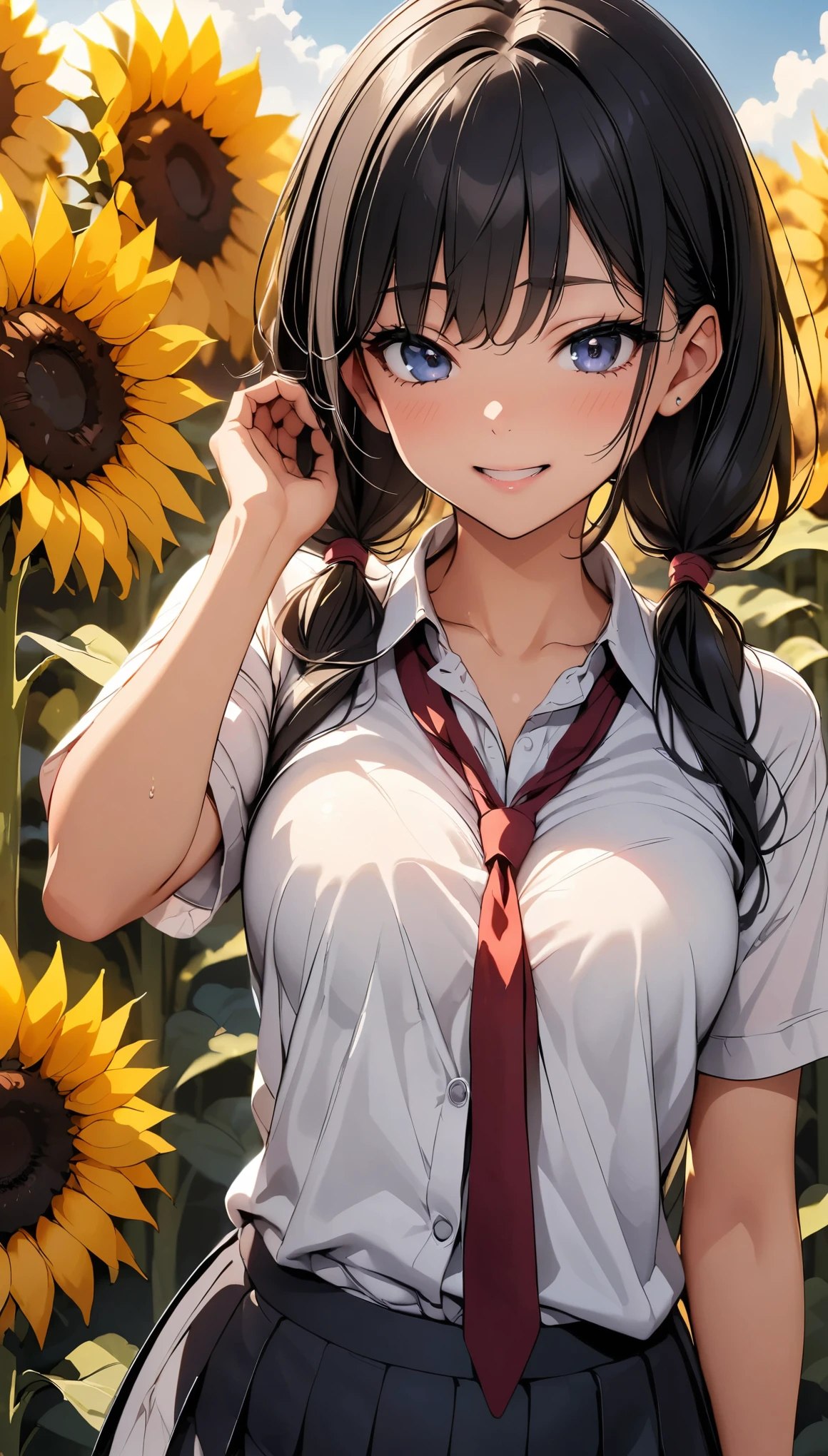 Sunflower field, Very detailed, JK, White shirt and red tie:1.2, (Loose tie), Sexy pose, 1 shot, Complex eyes, Lustrous smile, Black Hair, Braided Pigtails, Open your mouth, Sigh, Admire the sunflowers:1.1, Natural light, (sound), (Highest quality:1.2, Detailed illustrations, Attention to detail, masterpiece:1.2, Highest quality, Best aesthetics),