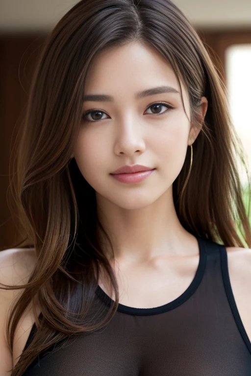 Tabletop, Highest quality, Realistic, Very detailed, finely, High resolution, 8k wallpaper, One beautiful woman,, Light brown messy hair, He is wearing a black see-through open-necked shirt.。......, Sharp focus, Perfect dynamic composition, Beautiful and detailed, Thinning hair, Detailed Realistic skin texture, smile, Close-up portrait, Model body type、President's Secretary、Black mini skirt、High heels、sexy、attractive、