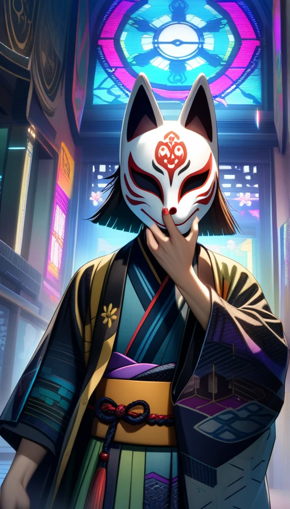 32k, best quality, ultra high res, HDR, UHD, extremely detailed CG, unity 32k wallpaper, a colorful Japanese animation style of a man with short bang hair holding a half-removed fox mask in his hand. The fox mask is golden and designed to cover the upper half of her face. He is dressed in a kimono with cyberpunk elements integrated into the design. His right hand is near his mouth, The background features a stained glass pattern with traditional Japanese motifs.