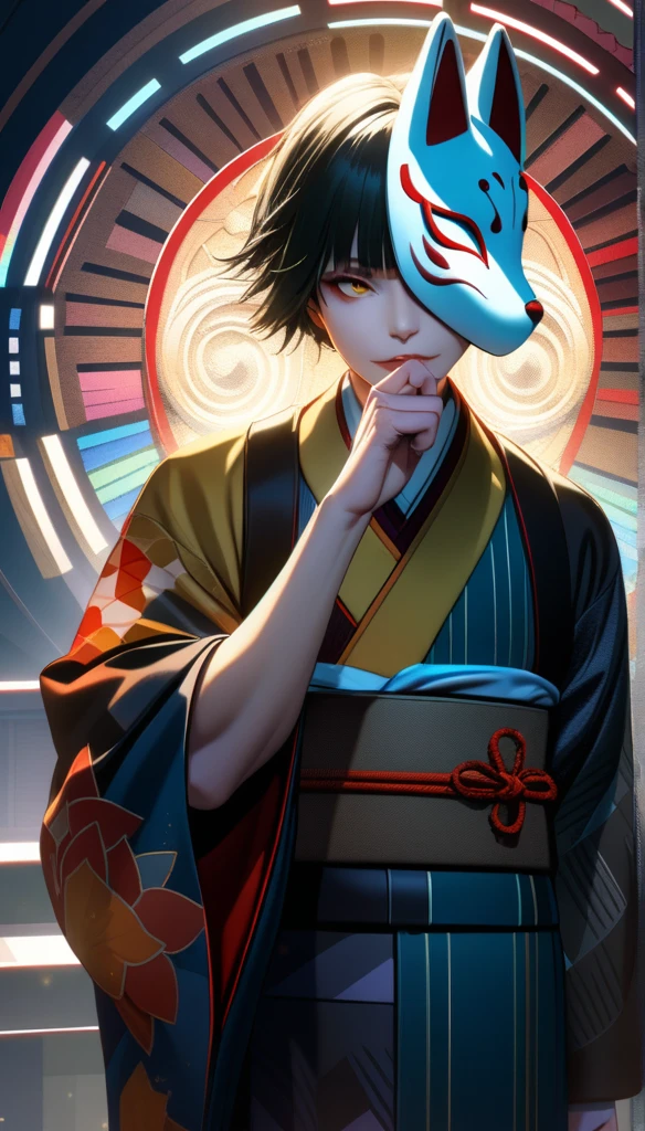 32k, best quality, ultra high res, HDR, UHD, extremely detailed CG, unity 32k wallpaper, a colorful Japanese animation style of a man with short bang hair holding a half-removed fox mask in his hand. The fox mask is golden and designed to cover the upper half of her face. He is dressed in a kimono with cyberpunk elements integrated into the design. His right hand is near his mouth, The background features a stained glass pattern with traditional Japanese motifs.