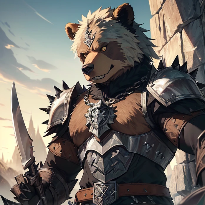 (absurdres, masterpiece, best high quality image epic artwork, high fantasy genre, carefully detailed image, carefully detailed textures, animalistic characters, fantasy animal artwork, anthropomorphic, real animal features, solo animal character, full anthro animal body view)
{{(1anthropomorphic-animal: 60 years old male brown fur Grizzly Bear scout:) ((big rounded bear head, green bear eyes, black nose, rounded bear ears, bear neck, bear open mouth with sharp teeth and sharp fangs), (Hulking grizzly bear body, grizzly bear arms, grizzly bear hands with five fingers and grey sharp claws), (muscular grizzly bear legs, grizzly bear feet, five grizzly bear fingers with grey sharp claws)), ((bulky silver shoulder plates, black spikes around shoulder plates, silver cuirass, silver hip armor, silver celtic belt), (long silver war hammer with black spikes)), (serious grizzly bear face, imponent grizzly bear warrior pose, grizzly bear calmed demeanor, passive aggressive demeanor), (ancient germanic tribe styled village, green grass, wooden tents, morning sky, sun rising in the sky))}}