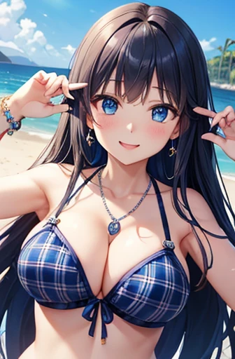 Highest quality、Highest quality、masterpiece、(8k),beauty(5)、Navy blue long hair、blue eyes、Sexy ini(Plaid)、Big cleavageeasts)、smiklace、Blue Earrings、background(Beach)、Please open your mouth wide、Plaidのリボンで髪を結ぶ、bracelet、Dynamic pose