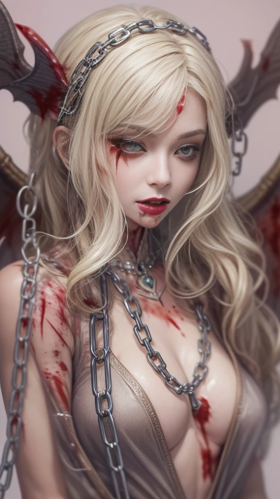 (32K:1.5, Dark fantasy:1.4, Highest quality, masterpiece, Ultra-high resolution), Perfect dynamic composition:1.3, Horror Portrait:1.3, chaotic background, darkness, Prisoner, slave, Dark Demon World, (Detailed tattoos on the whole body:1.4, Wearing elaborate jewelry:1.4), Very detailedな肌と顔の質感:1.3, Very accurate, Very detailed, (Cute and sexy succubus demon with big wings:1.3, Incredibly slim body:1.3, beautifully、beautiful:1.3), Horn, Fair skin, Sensual posture, ((How to properly dress bloody and badly torn clothing:1.3)), Medium chest, (Big eyes that exude beautiful eroticism:0.4, Feel the intense caress:1.0, Please open your mouth a little, lipstick, Feel the beautiful eroticism:0.9, Too sexy and cute:0.7, charm的な:0.7), ((Covered in blood:1.5, Physical pain:1.5, Lots of chains:1.6, Countless chains tangled in clothes:1.6, Chain your right arm:1.5, Chain the left arm:1.5, The right leg is bound with a shackle and chain:1.5, The left leg is bound with a shackle and chain:1.5)), Super long blonde curly hair, Earrings, necklace, bracelet, romantic, mysterious, elegant, Object of admiration, original, dramatic, artistic, Innovative, charm, Heartful, Fancy, sense of openness, sense of cleanliness, special, exciting, Extreme, Tilt, sense of loss, sorrow, sorrowの表現, ((大人のcharm, 女性的なcharm))