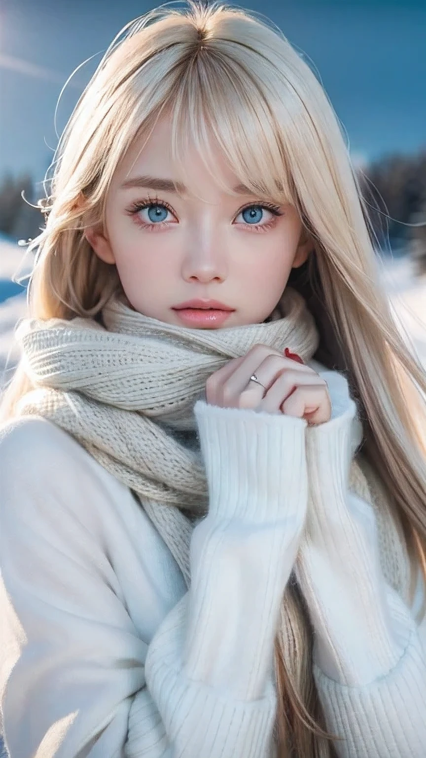alone, very beautiful nordic girl、Shiny light blonde hair, Beautiful super long straight dazzling blonde hair fluttering in the strong wind,Long bangs obstruct the view、 Very large eyes are pale sky blue, Detailed face, White and beautiful skin、Cheek gloss highlighter、Mittens, White scarf, whole body, Snow Forest, Attractive areas, (Blushing your nose, Heavy breathing:1.1), (dark:1.4)