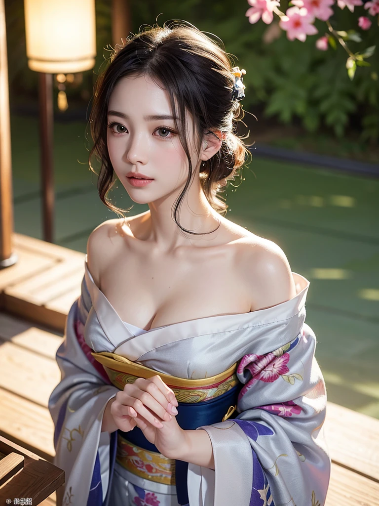 Mix 4, (8k, Live Shooting, Highest quality, masterpiece: 1.2), (Real, Photorealistic: 1.37), 一人のgirl, cute, night, rain, Wetty, Professional Lighting, Photon Mapping, Radio City, Physically Based Rendering, Gradient black hair, Gray Hair, Short Curly Hair, good looking, girl, Highest quality写真, High resolution, 1080P, (Clear Face), (Detailed face description), (Detailed hand description), (masterpiece), (Exquisite CG)、Extreme light and shadow、Disheveled Hair、Masterwork、Rich details、(Fine facial features)、(Highest qualityの写真)、(Masterpiece)、(Detailed eyes)、Look in front of you、Detailed clavicle、((Mid-breasted))、Nipple erection、Sexy、Lady、Clear、Smooth Hair、Clothes are not shiny、yukata、firework、kimono、赤色の生地のkimono、花柄のkimono、Summer festival、stall、Begging expression、Looking up、Camera angle from above、The image angle depicts the woman from above.、Looking up、
