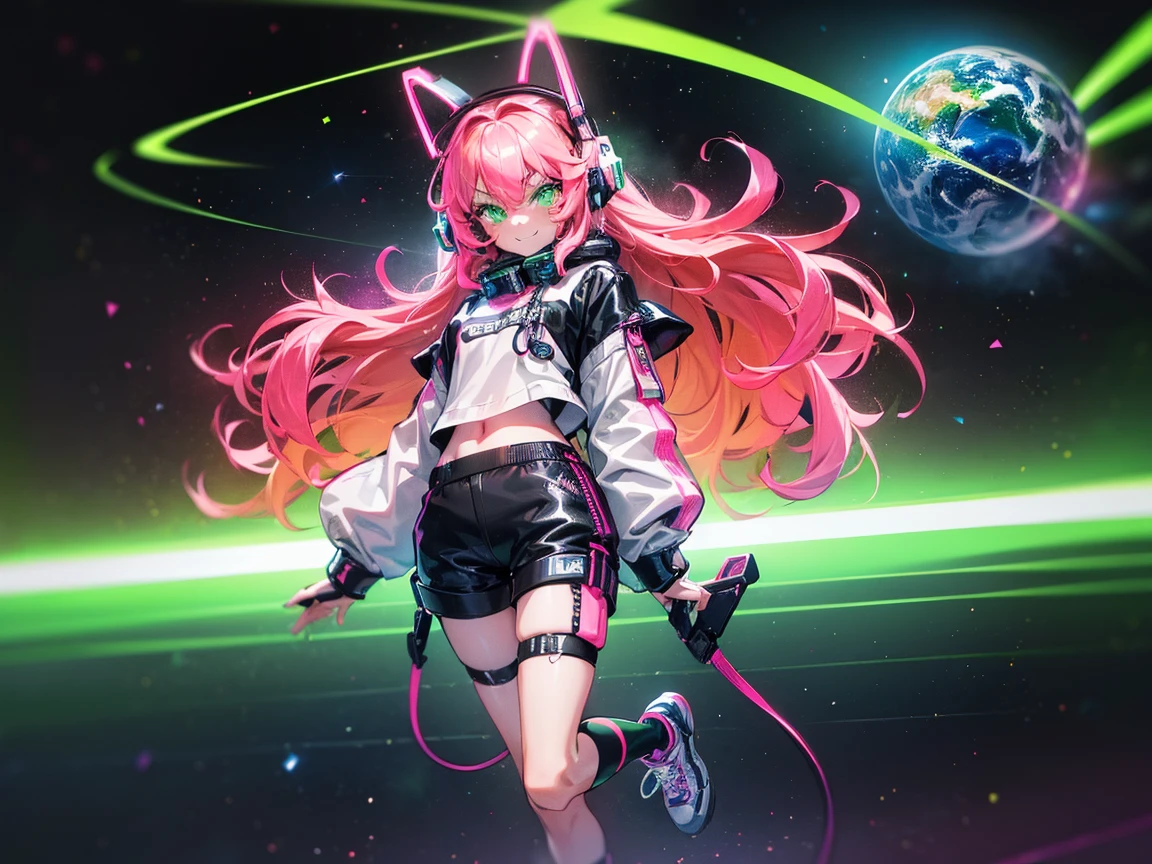 masterpiece:1.4, One girl ((20-year-old, Wearing a long-sleeved shirt, tight black shorts, sneakers, Medium chest, Multicolored pink hair, Curly Long Hair, Green Eyes:1.4, Wear headphones, Happy, smile, close, Floating in space:1.One Earth with galaxy in background:1.1, Neon and energetic atmosphere:1.2)) ((at night)) ((alone:1.6))
