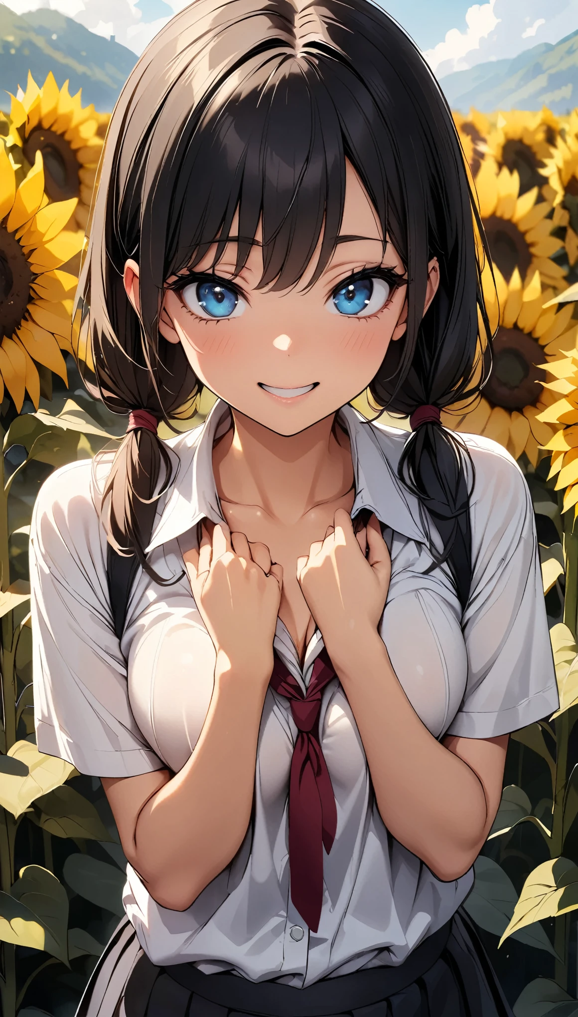 Sunflower field, Very detailed, JK, White shirt and red tie:1.2, (Loose tie), Sexy pose, 1 shot, Complex eyes, Lustrous smile, Black Hair, Braided Pigtails, Open your mouth, Sigh, Admire the sunflowers:1.1, Natural light, (sound), (Highest quality:1.2, Detailed illustrations, Attention to detail, masterpiece:1.2, Highest quality, Best aesthetics),