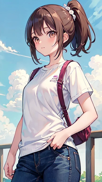 Highest quality, masterpiece, Ultra-high resolution, 8k, Summer sky, early summer, (((Summer clothing)), Show anime style , One, Soft Line Art, Digital Enhancement, shojo anime touch, shojo manga core, Flowing fabric, close, Soft Drawing, Ultra-Definition Digital Anime Art, Clear facial depiction, Super detailed girl cartoon character art, Ultra-detailed manga style, Highest qualityの色,1 female,24-years-old, Brown haired woman,Woman with short ponytail,Clear brown eyes,Body type is slightly chubby,Small breasts,White sweater and jeans