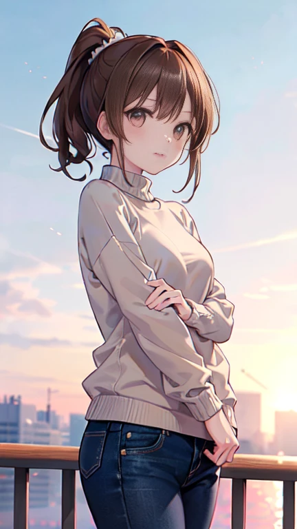 Highest quality, masterpiece, Ultra-high resolution, 8k, Summer sky, early summer, (((Summer clothing)), Show anime style , One, Soft Line Art, Digital Enhancement, shojo anime touch, shojo manga core, Flowing fabric, close, Soft Drawing, Ultra-Definition Digital Anime Art, Clear facial depiction, Super detailed girl cartoon character art, Ultra-detailed manga style, Highest qualityの色,1 female,24-years-old, Brown haired woman,Woman with short ponytail,Clear brown eyes,Body type is slightly chubby,Small breasts,White sweater and jeans
