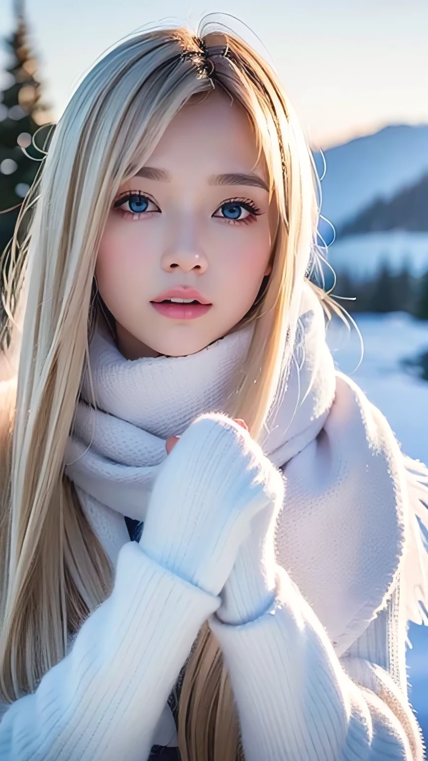 alone, very beautiful nordic girl、Shiny light blonde hair, Beautiful super long straight dazzling blonde hair fluttering in the strong wind,Long bangs obstruct the view、 Very large eyes are pale sky blue, Detailed face, White and beautiful skin、Cheek gloss highlighter、Mittens, White scarf, whole body, Snow Forest, Attractive areas, (Blushing your nose, Heavy breathing:1.1), (dark:1.4)