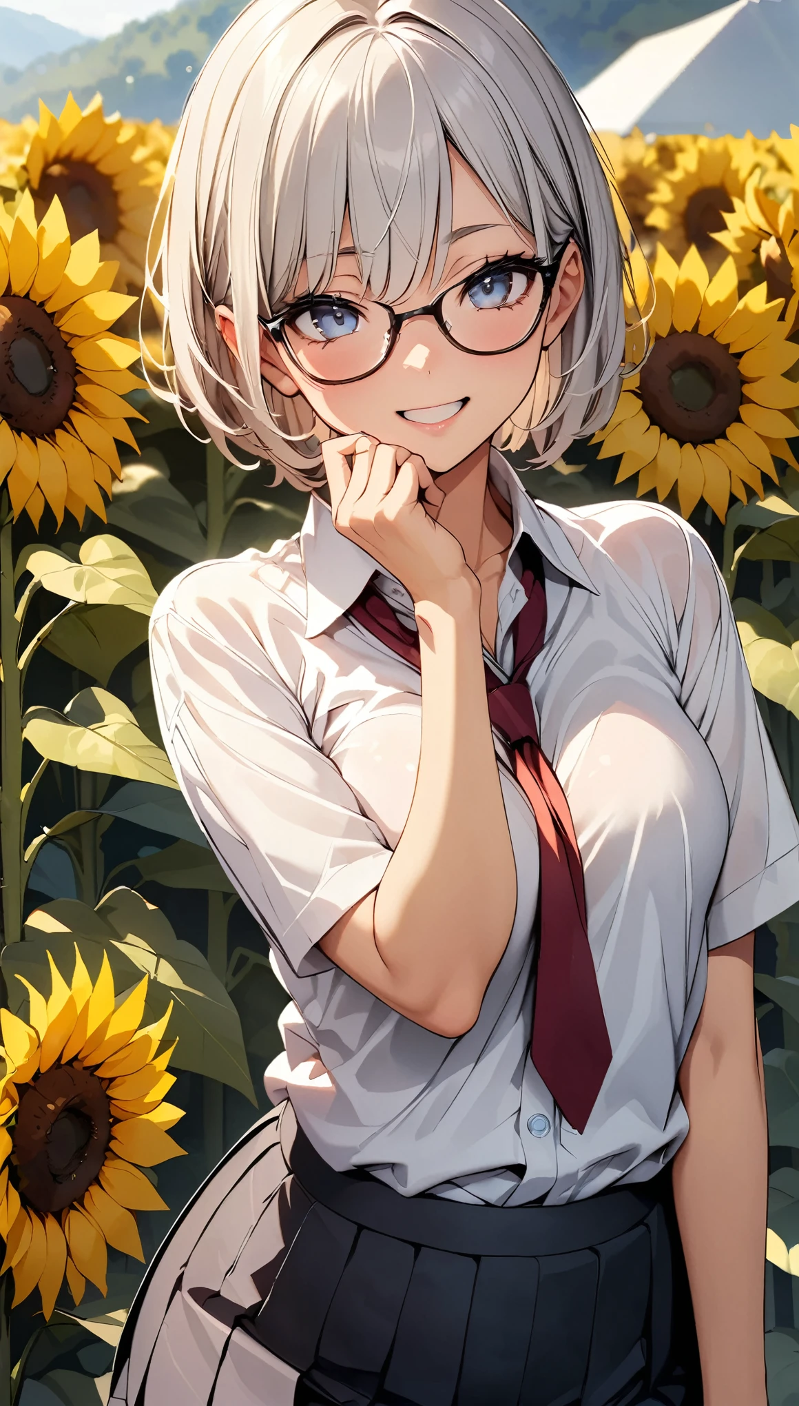 Sunflower field, Very detailed, JK, White shirt and red tie:1.2, (Loose tie), Sexy pose, 1 shot, Complex eyes, Lustrous smile, Silver Hair, short hair, Glasses, Open your mouth, Sigh, Admire the sunflowers:1.1, Natural light, (sound), (Highest quality:1.2, Detailed illustrations, Attention to detail, masterpiece:1.2, Highest quality, Best aesthetics),